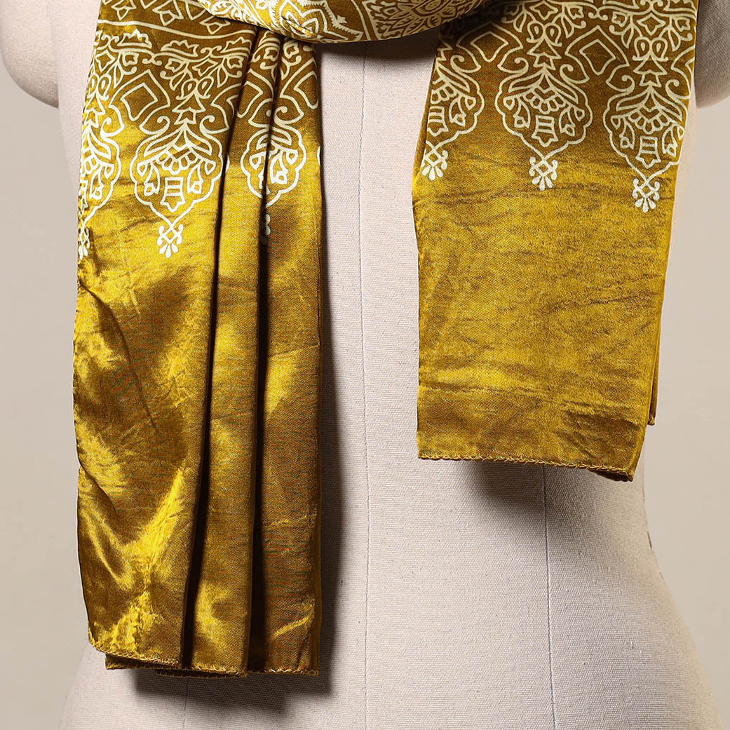 Yellow Mashru Silk Printed Ajrakh Stole 
