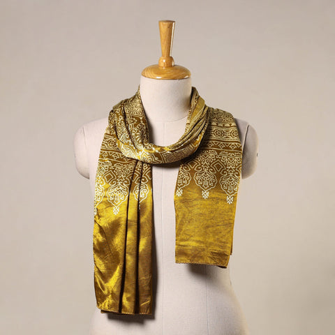 Yellow Mashru Silk Printed Ajrakh Stole 