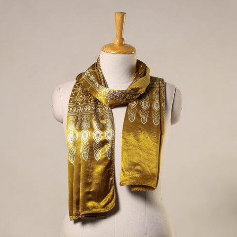 Yellow Mashru Silk Printed Ajrakh Stole 