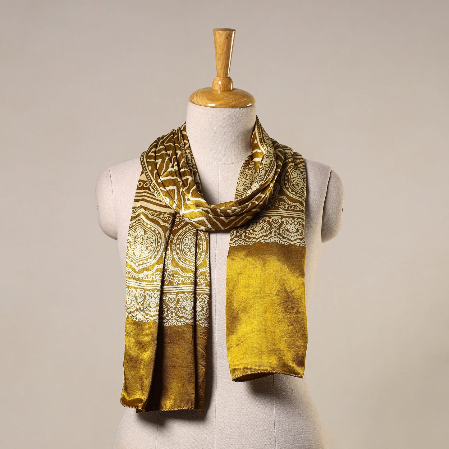 Yellow Mashru Silk Printed Ajrakh Stole 