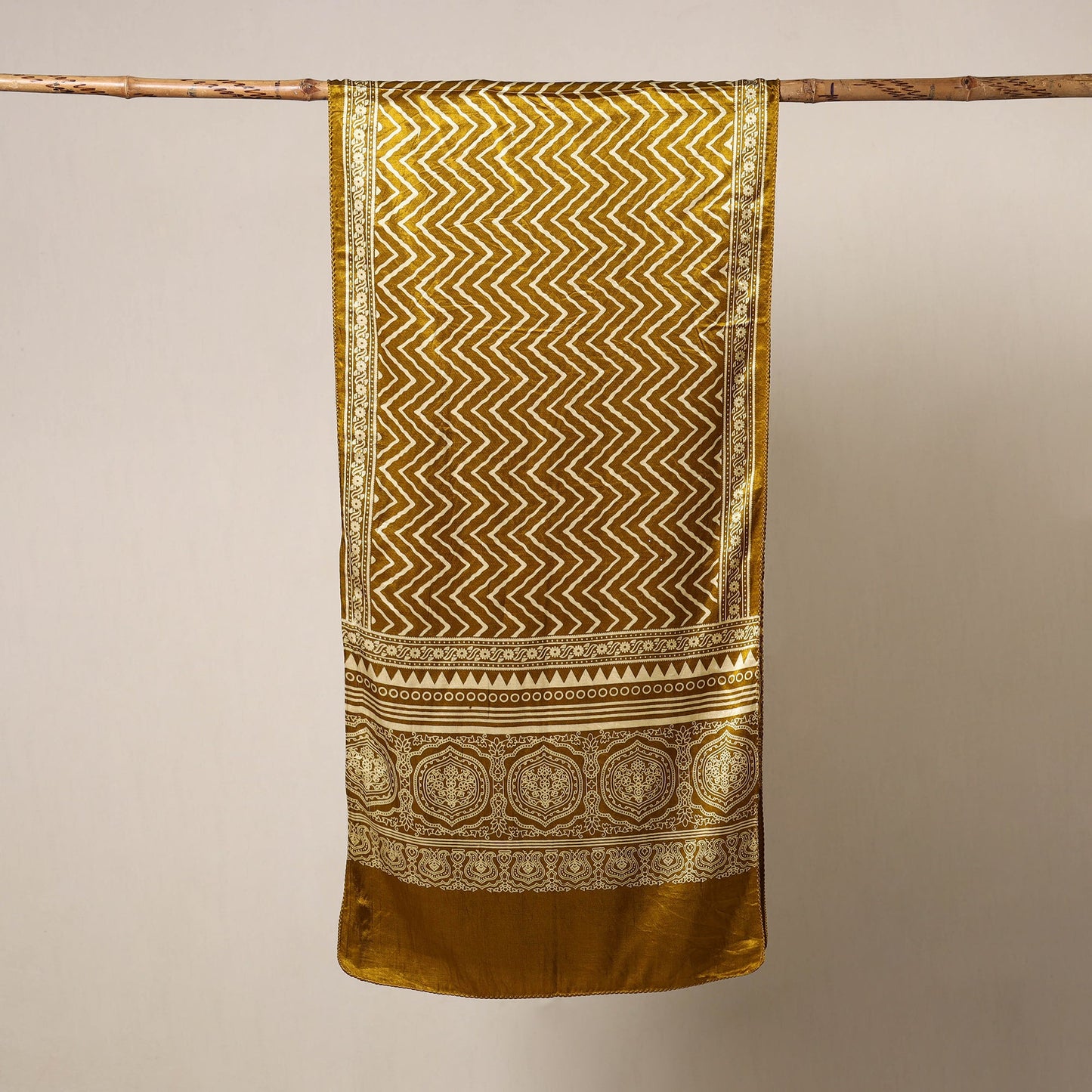 Yellow Mashru Silk Printed Ajrakh Stole 