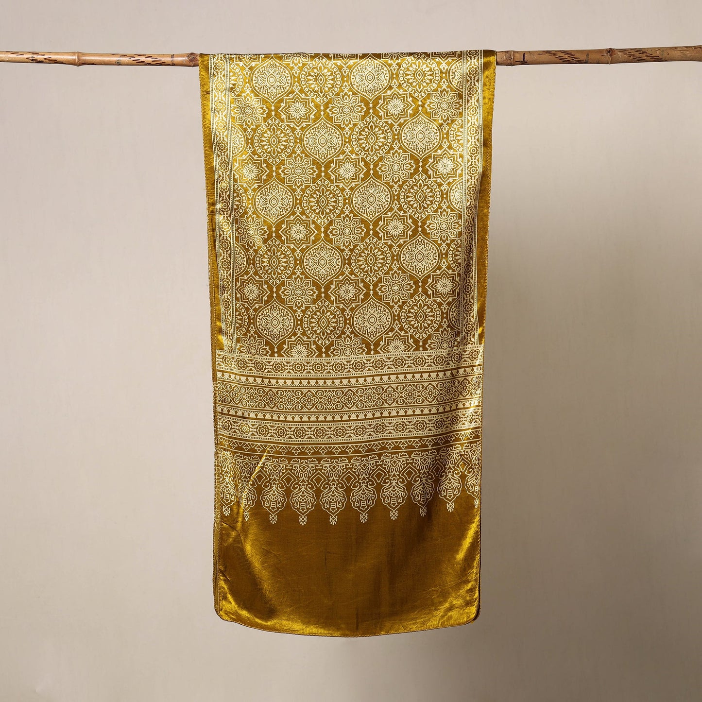Yellow Mashru Silk Printed Ajrakh Stole 