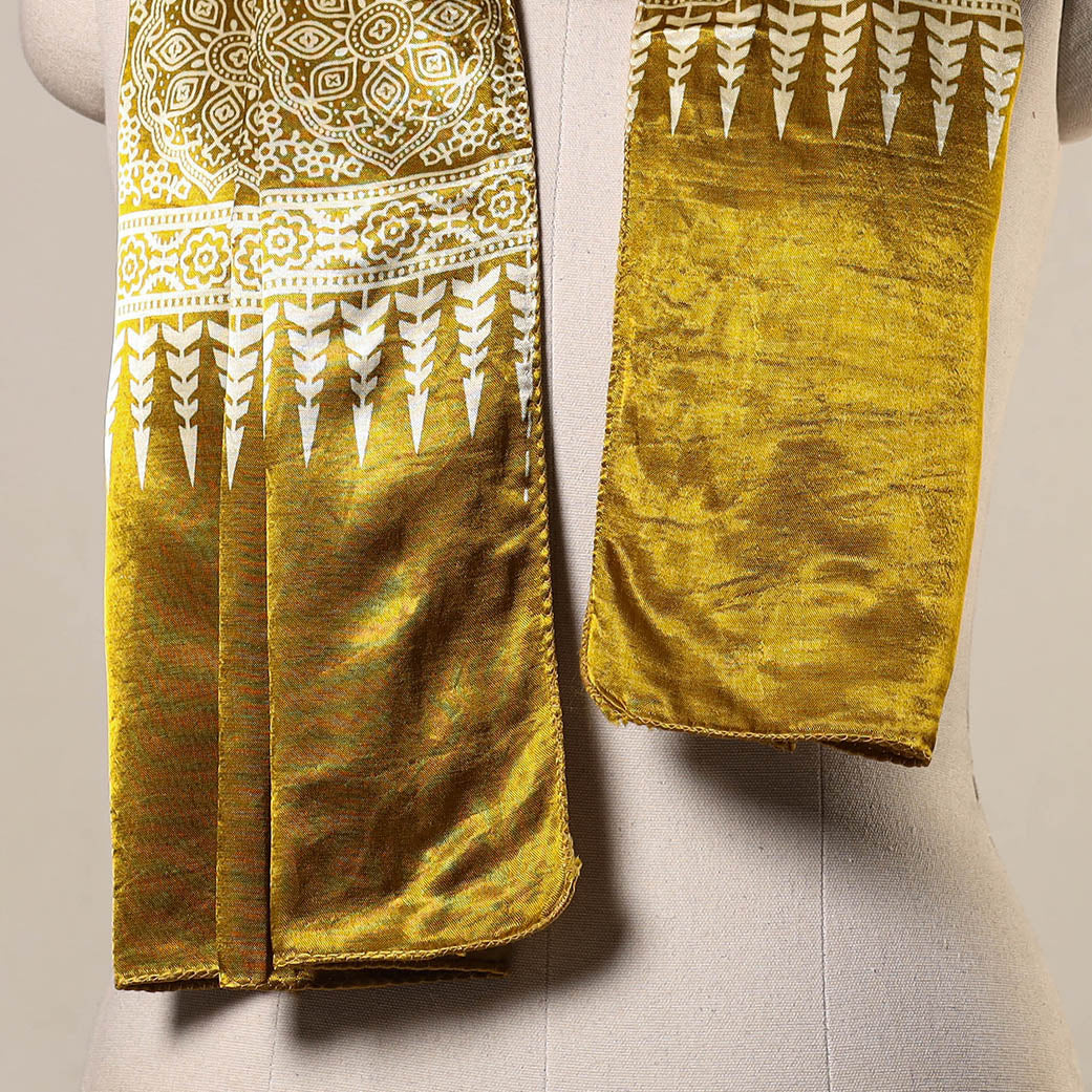 Yellow Mashru Silk Printed Ajrakh Stole 