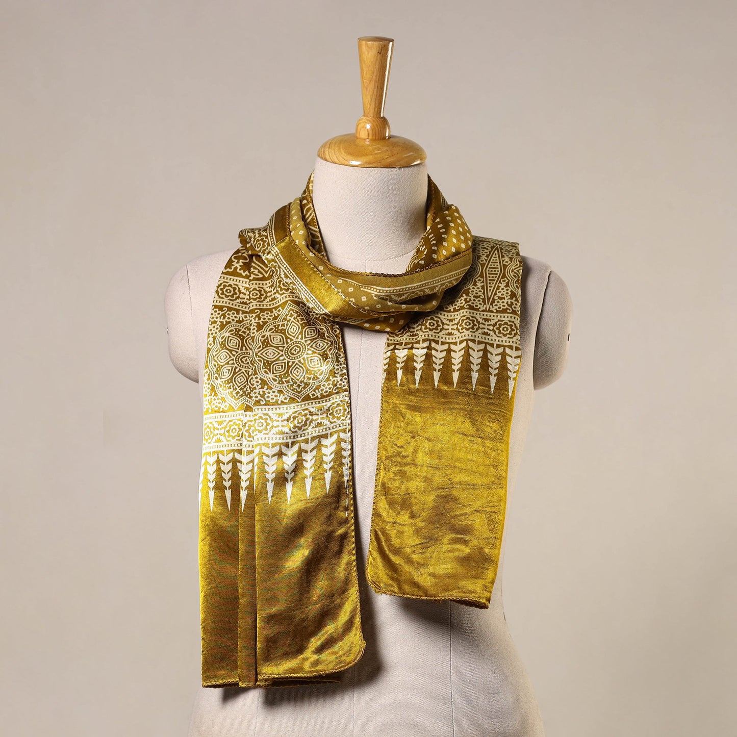 Yellow Mashru Silk Printed Ajrakh Stole 