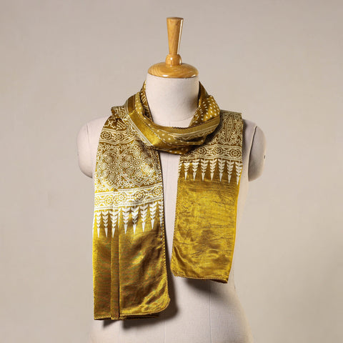Yellow Mashru Silk Printed Ajrakh Stole 