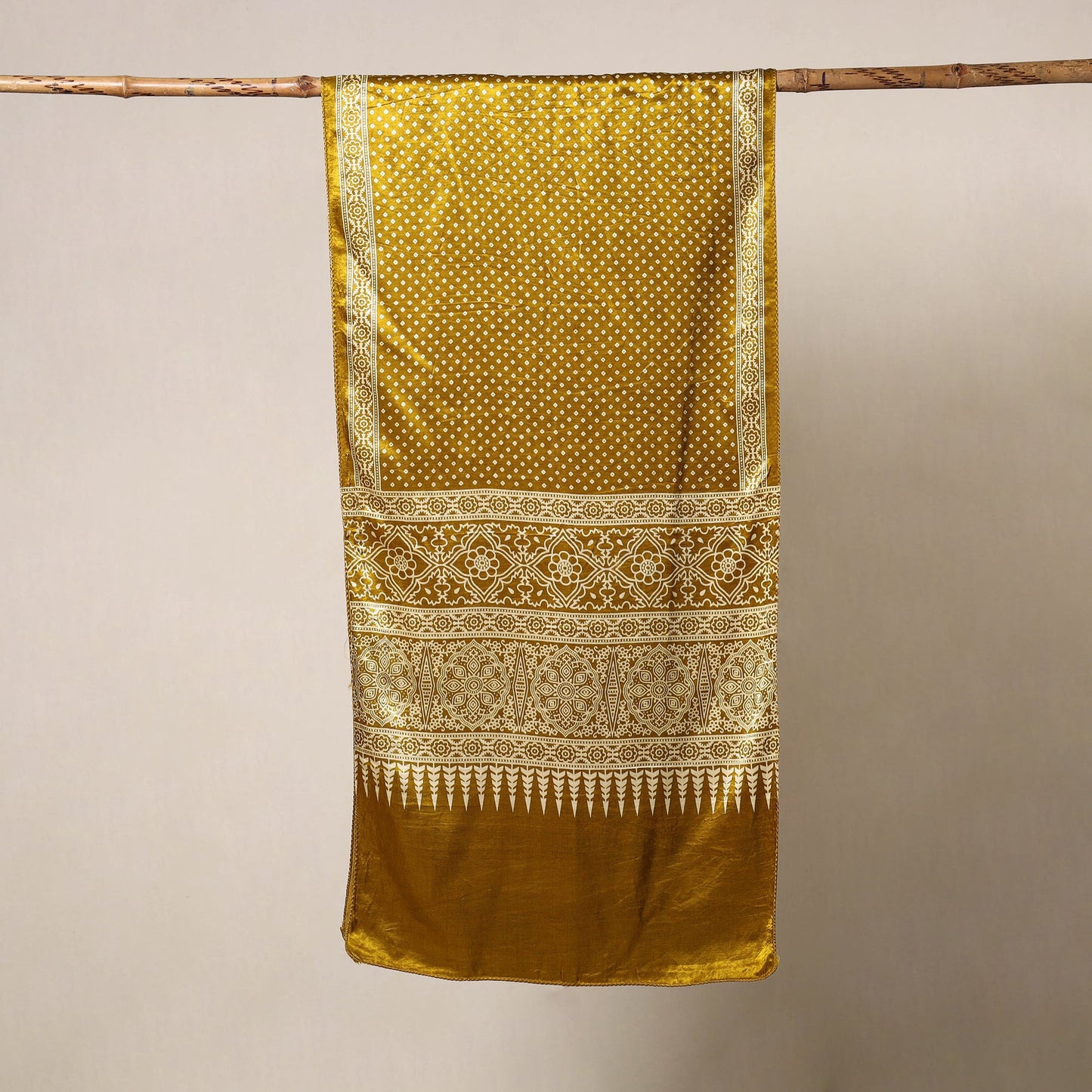 Yellow Mashru Silk Printed Ajrakh Stole 
