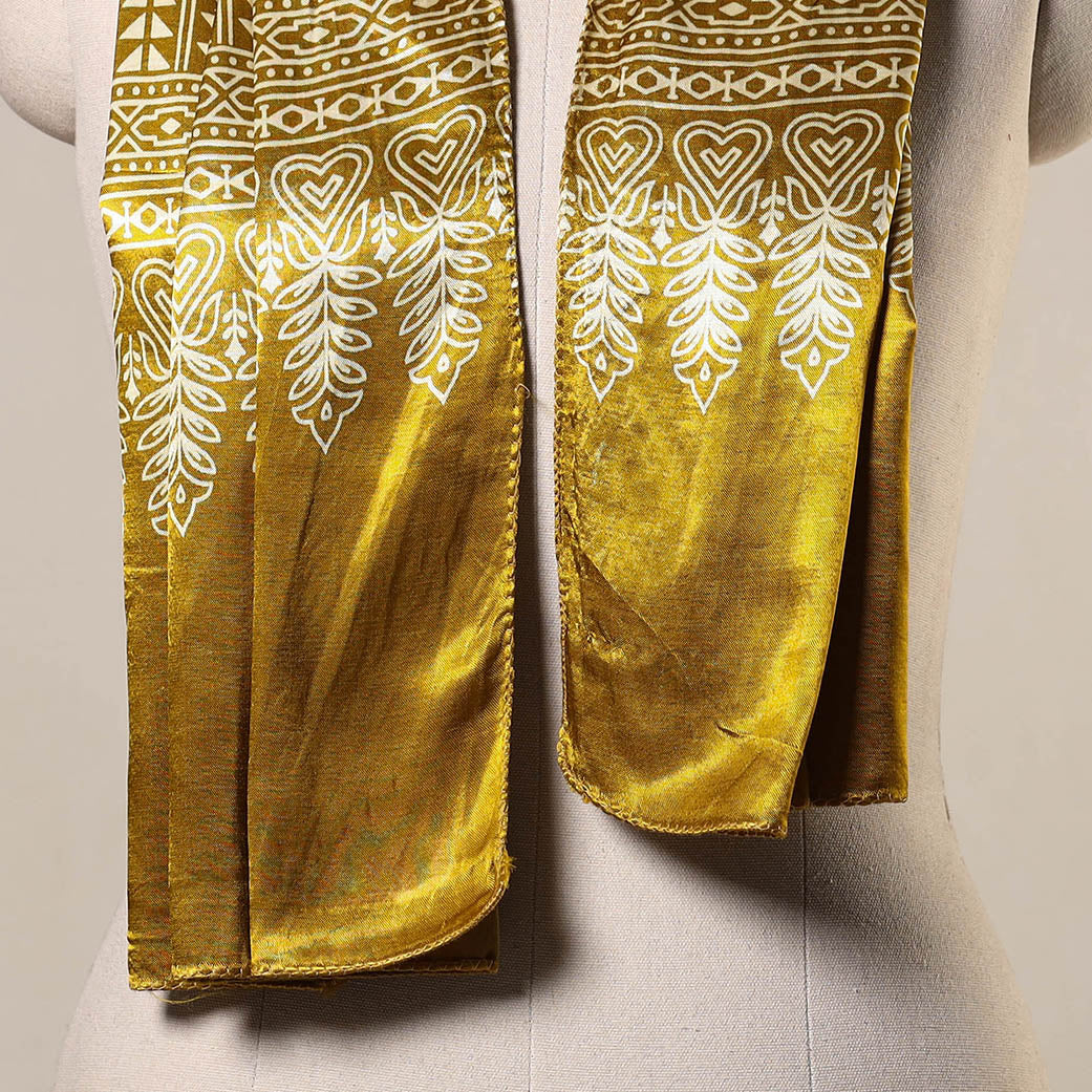 Yellow Mashru Silk Printed Ajrakh Stole 