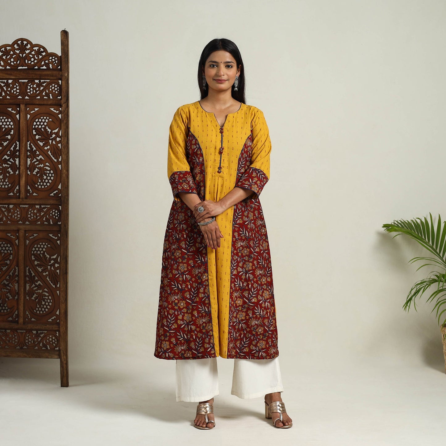 Mehfil Mosaic Cotton A-Line Yellow Jacquard Kurta for Women
