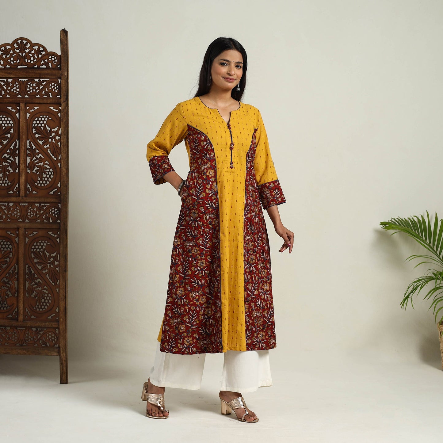 Mehfil Mosaic Cotton A-Line Yellow Jacquard Kurta for Women