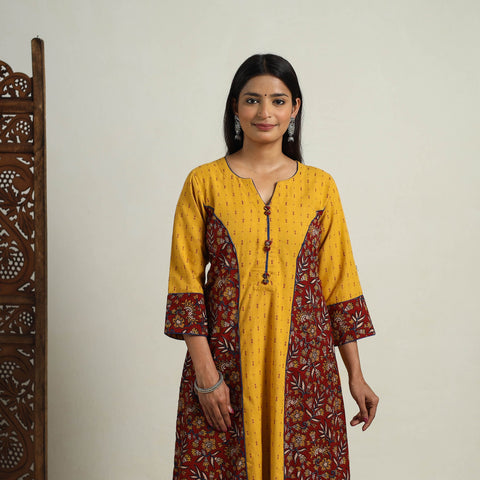 Mehfil Mosaic Cotton A-Line Yellow Jacquard Kurta for Women