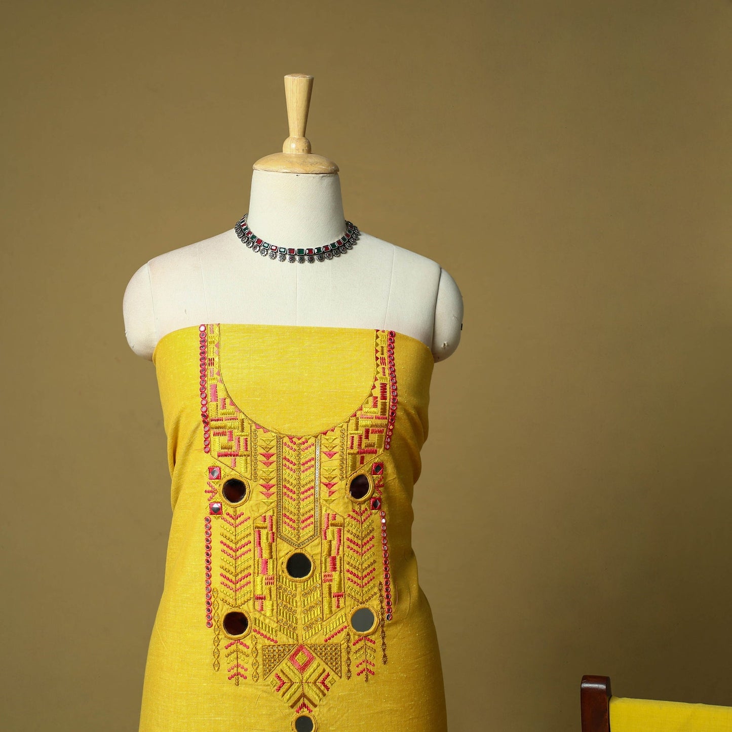 Mirror work embroidered cotton 3pc unstitched dress