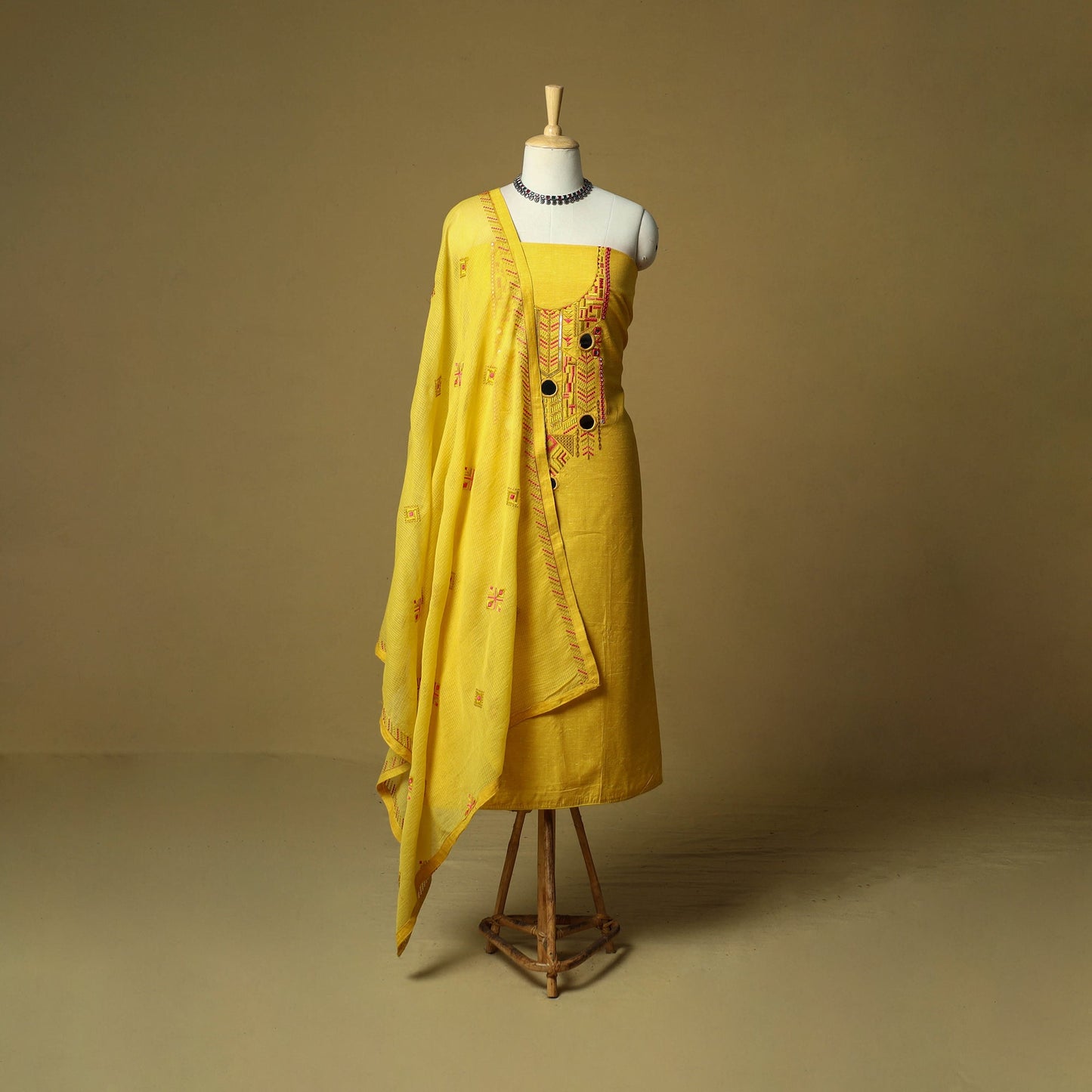 Mirror work embroidered cotton 3pc unstitched dress