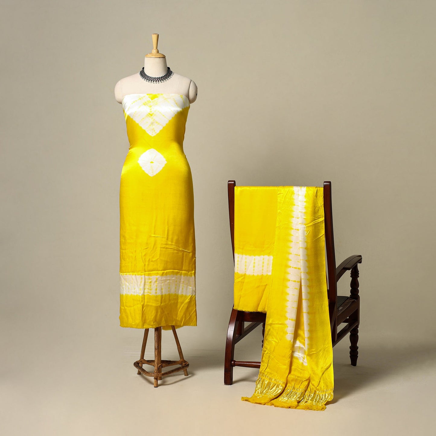 Yellow - modal silk 3pc unstitched shibori dress material