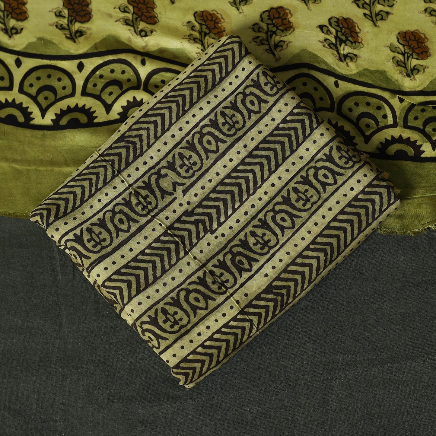 Modal silk hand block bagru print 3pc unstitched dress