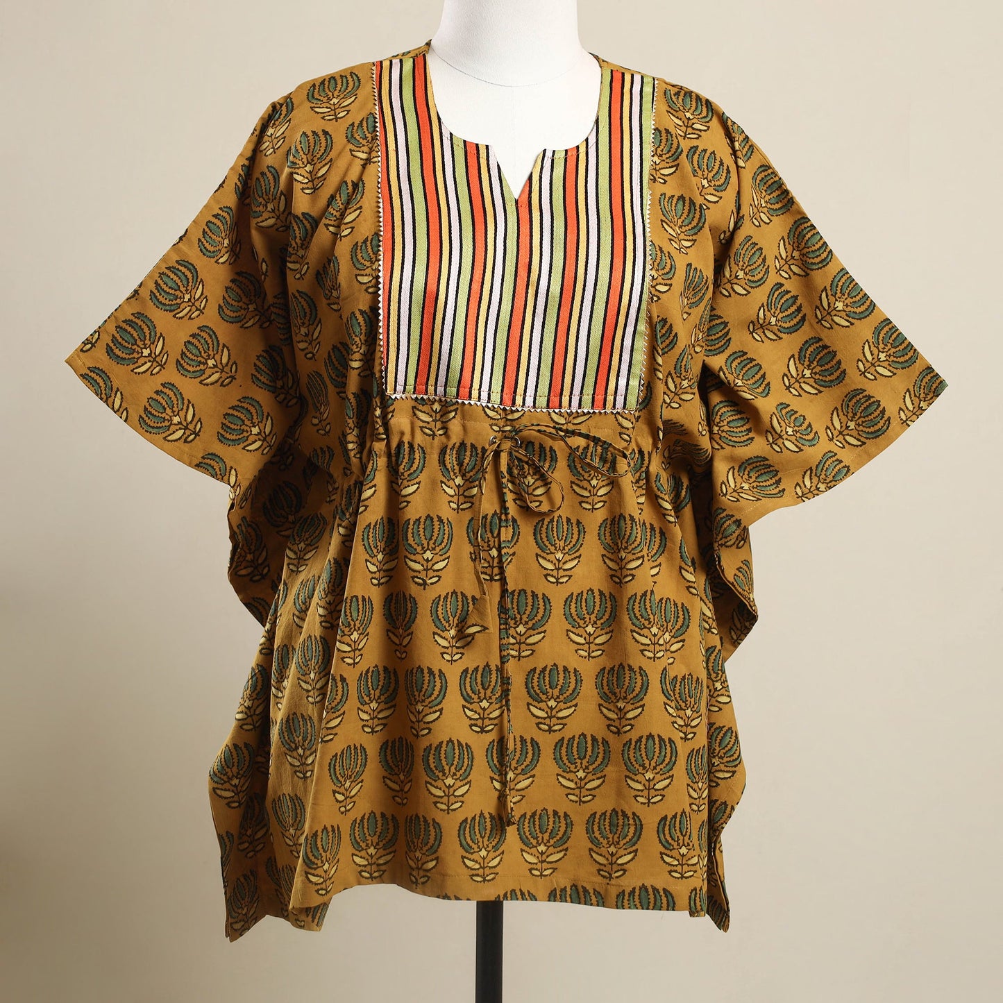 Buy Yellow Ajrakh Mosaic Fusion Cotton Kaftan