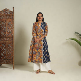 Mosaic Fusion Cotton A-Line Lace Work Yellow Sanganeri Kurta for Women