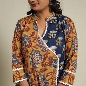 Mosaic Fusion Cotton A-Line Lace Work Yellow Sanganeri Kurta for Women