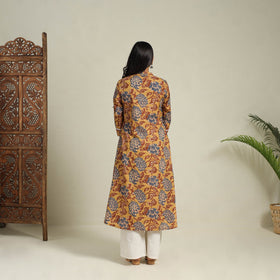 Mosaic Fusion Cotton A-Line Lace Work Yellow Sanganeri Kurta for Women