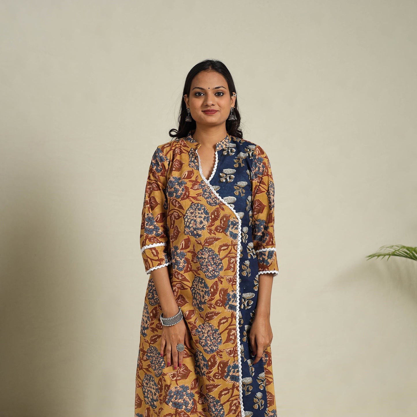 Mosaic Fusion Cotton A-Line Lace Work Yellow Sanganeri Kurta for Women