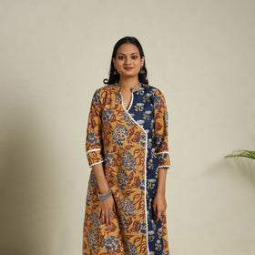 Mosaic Fusion Cotton A-Line Lace Work Yellow Sanganeri Kurta for Women