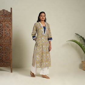 Mosaic Fusion Cotton Yellow Straight Lace Work Sanganeri Kurta