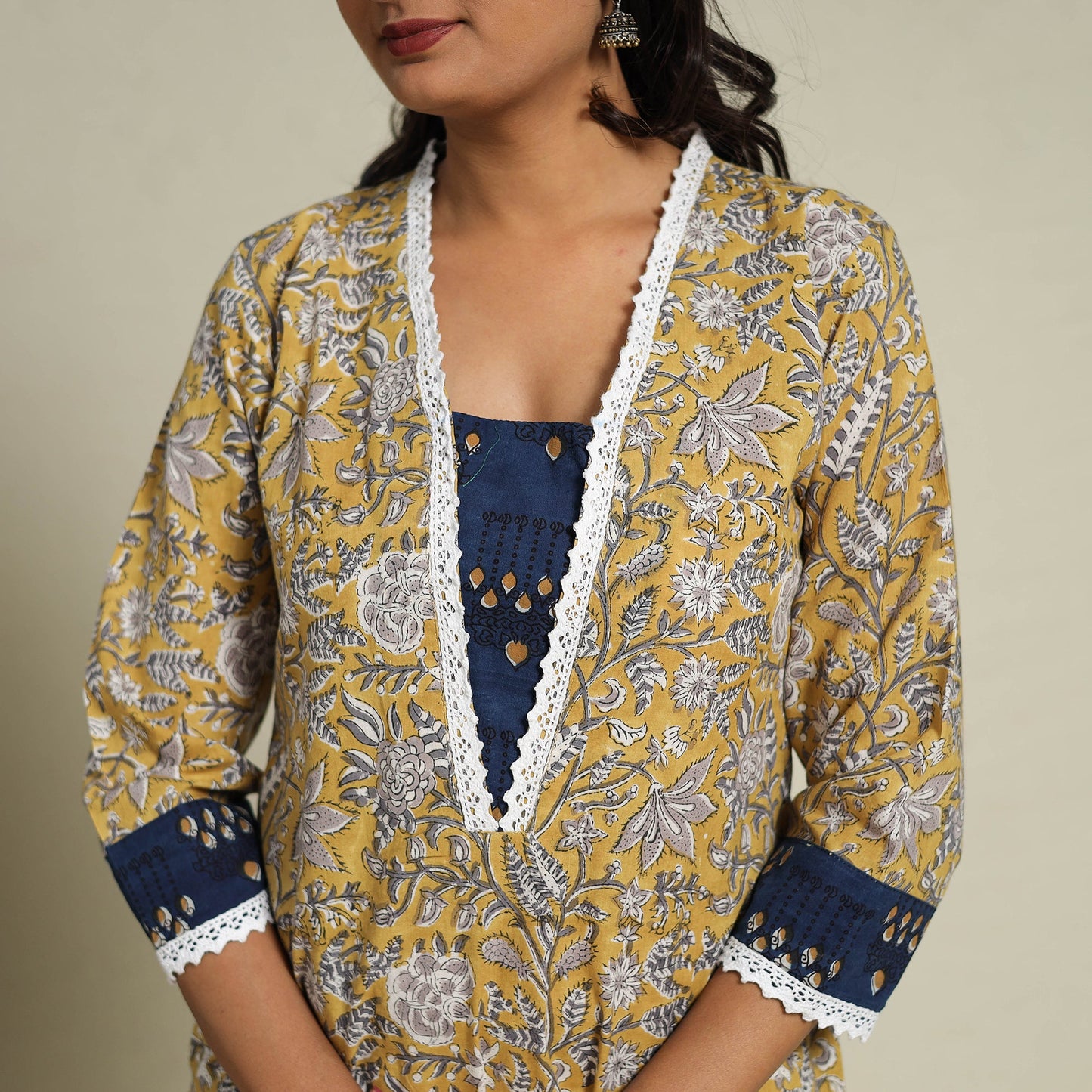 Mosaic Fusion Cotton Yellow Straight Lace Work Sanganeri Kurta