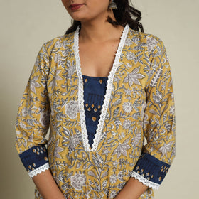 Mosaic Fusion Cotton Yellow Straight Lace Work Sanganeri Kurta