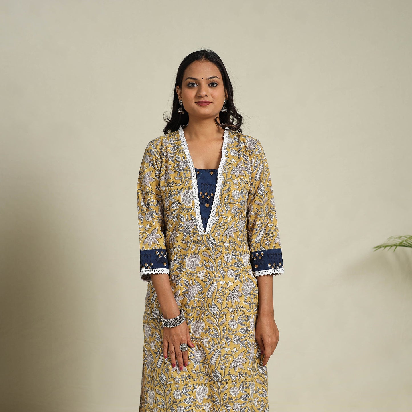 Mosaic Fusion Cotton Yellow Straight Lace Work Sanganeri Kurta