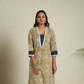 Mosaic Fusion Cotton Yellow Straight Lace Work Sanganeri Kurta