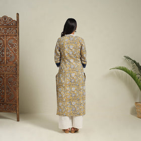 Mosaic Fusion Cotton Yellow Straight Lace Work Sanganeri Kurta