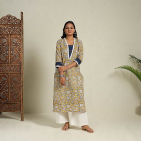Mosaic Fusion Cotton Yellow Straight Lace Work Sanganeri Kurta