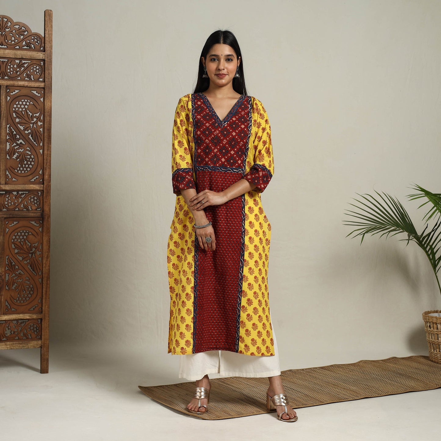 Yellow Block Print Mosaic Fusion Straight Mangalagiri Cotton Kurta