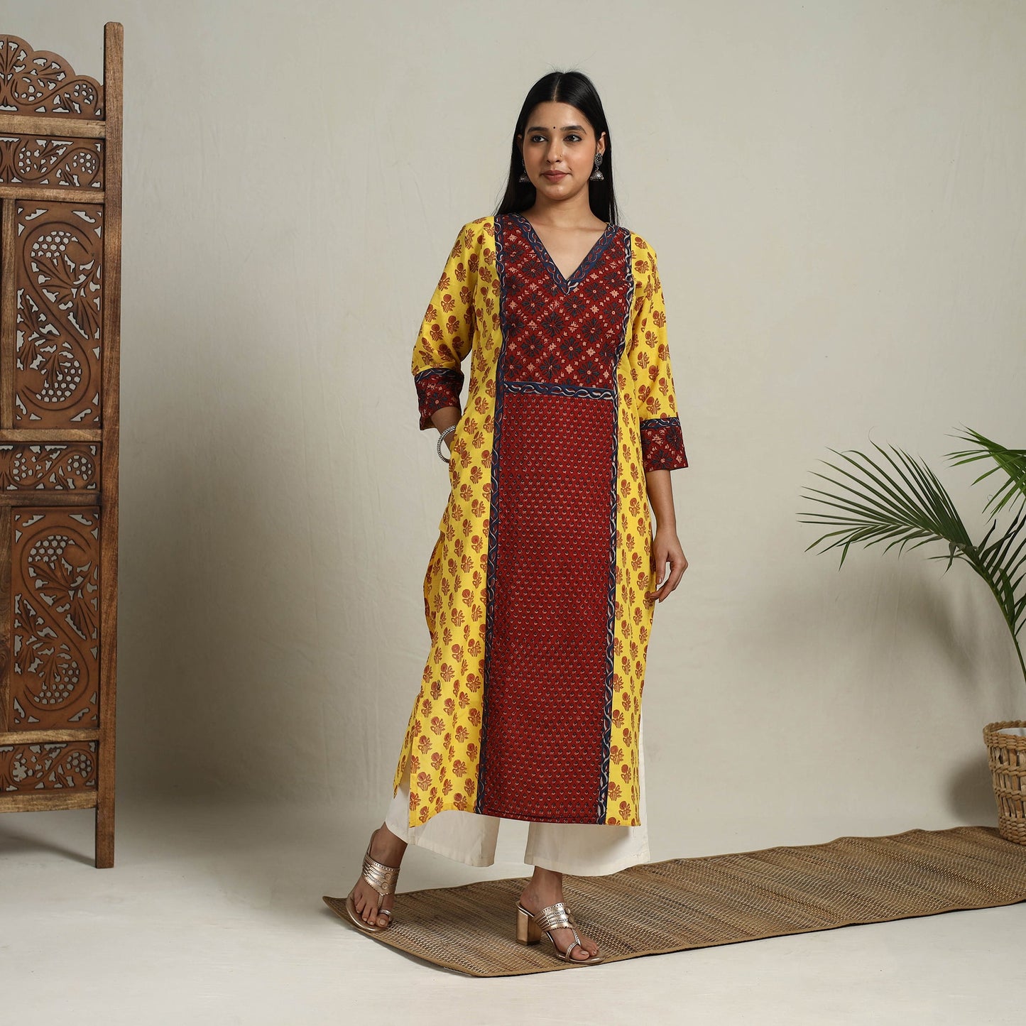Yellow Block Print Mosaic Fusion Straight Mangalagiri Cotton Kurta