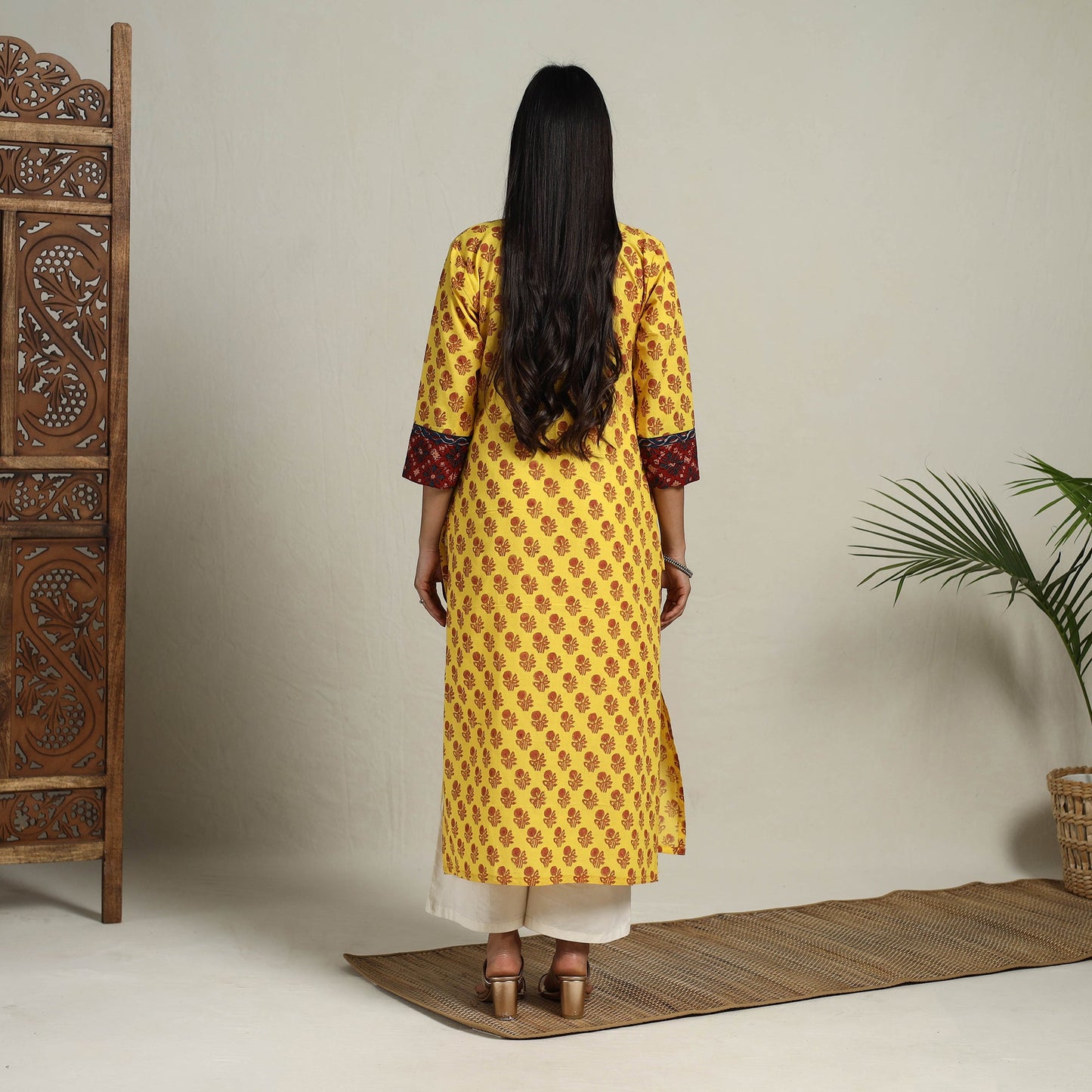Yellow Block Print Mosaic Fusion Straight Mangalagiri Cotton Kurta