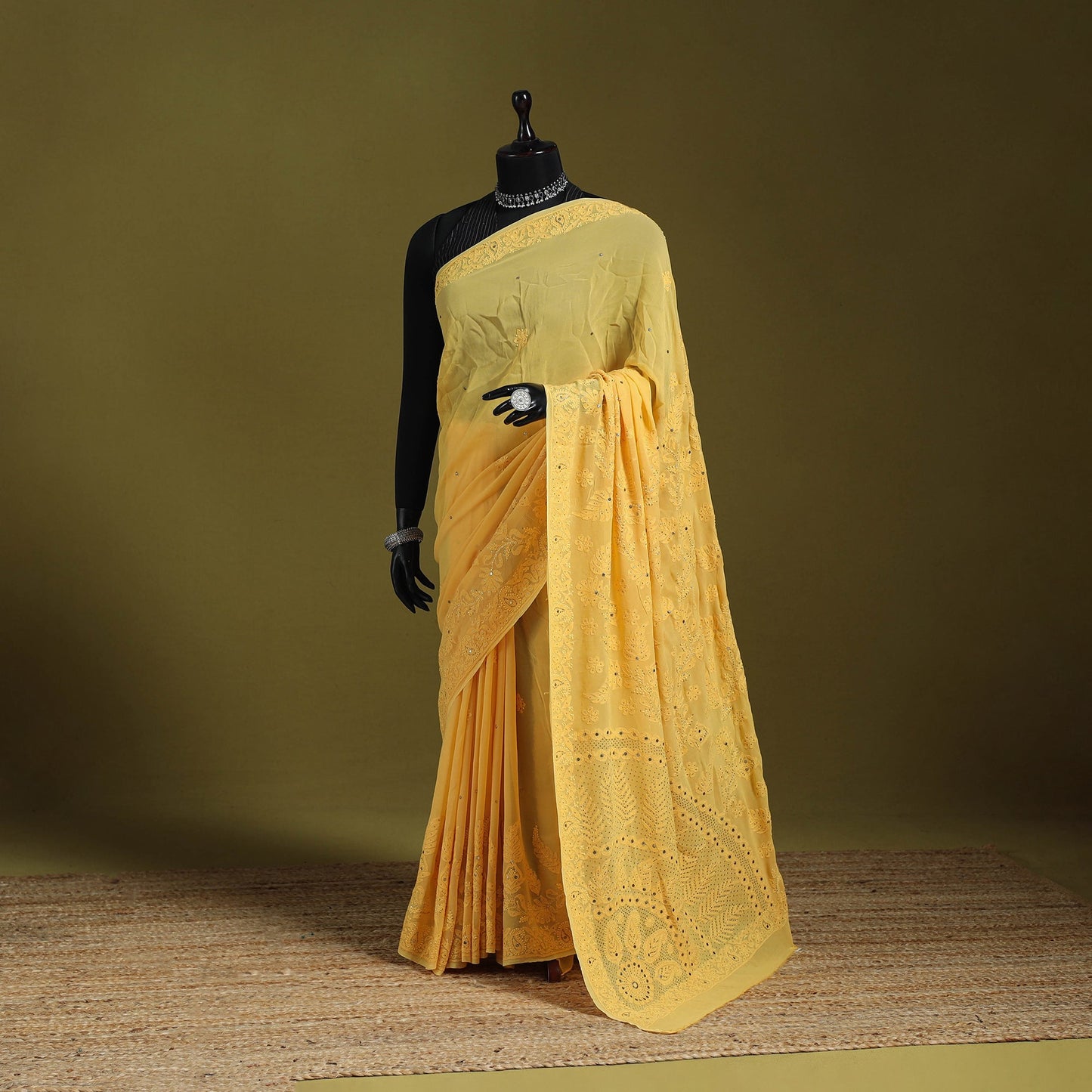 Yellow - mukaish hand embroidered georgette heavy