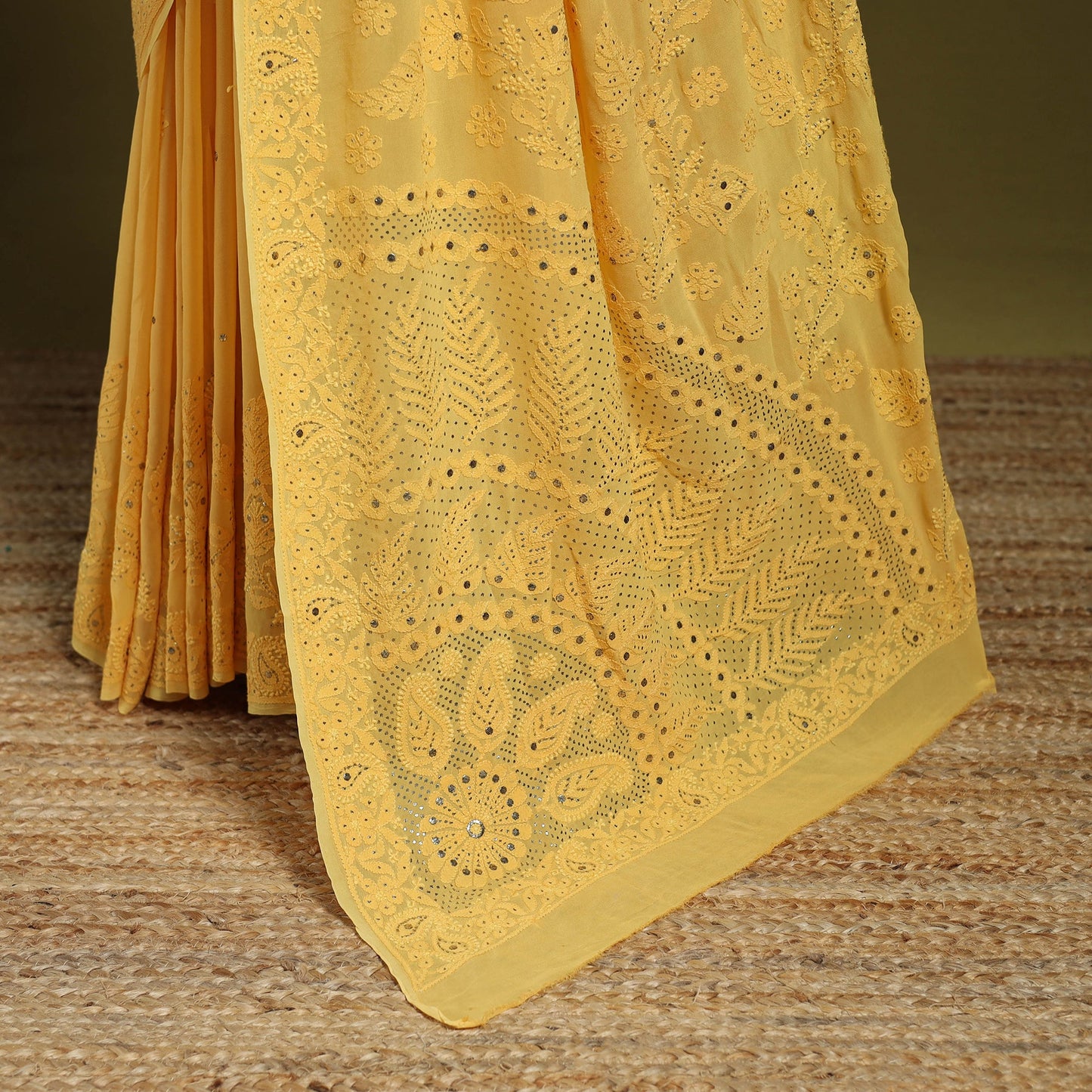 Yellow - mukaish hand embroidered georgette heavy