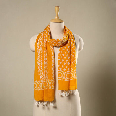 Buy Orange Mul Cotton Hand Batik Print Stole with Tassels
