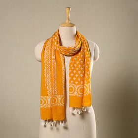 Buy Orange Mul Cotton Hand Batik Print Stole with Tassels