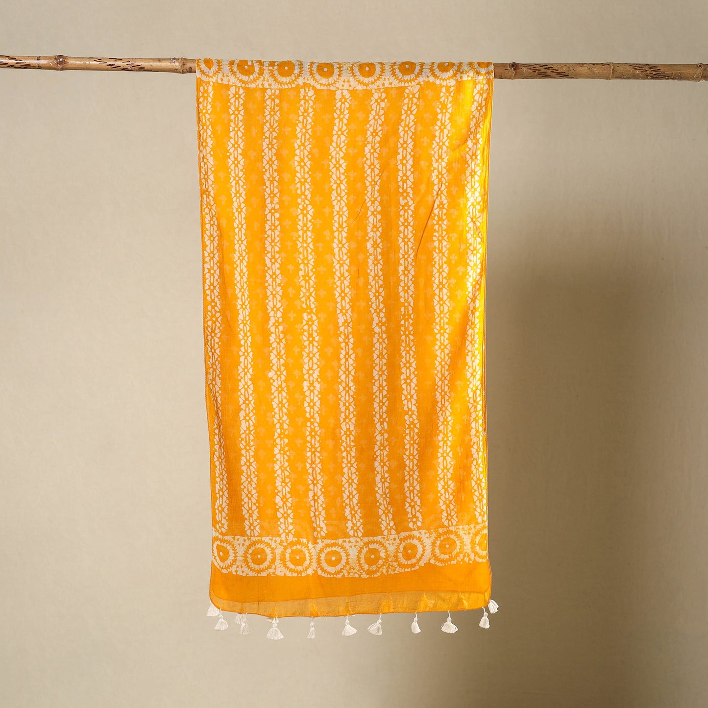 Buy Orange Mul Cotton Hand Batik Print Stole with Tassels
