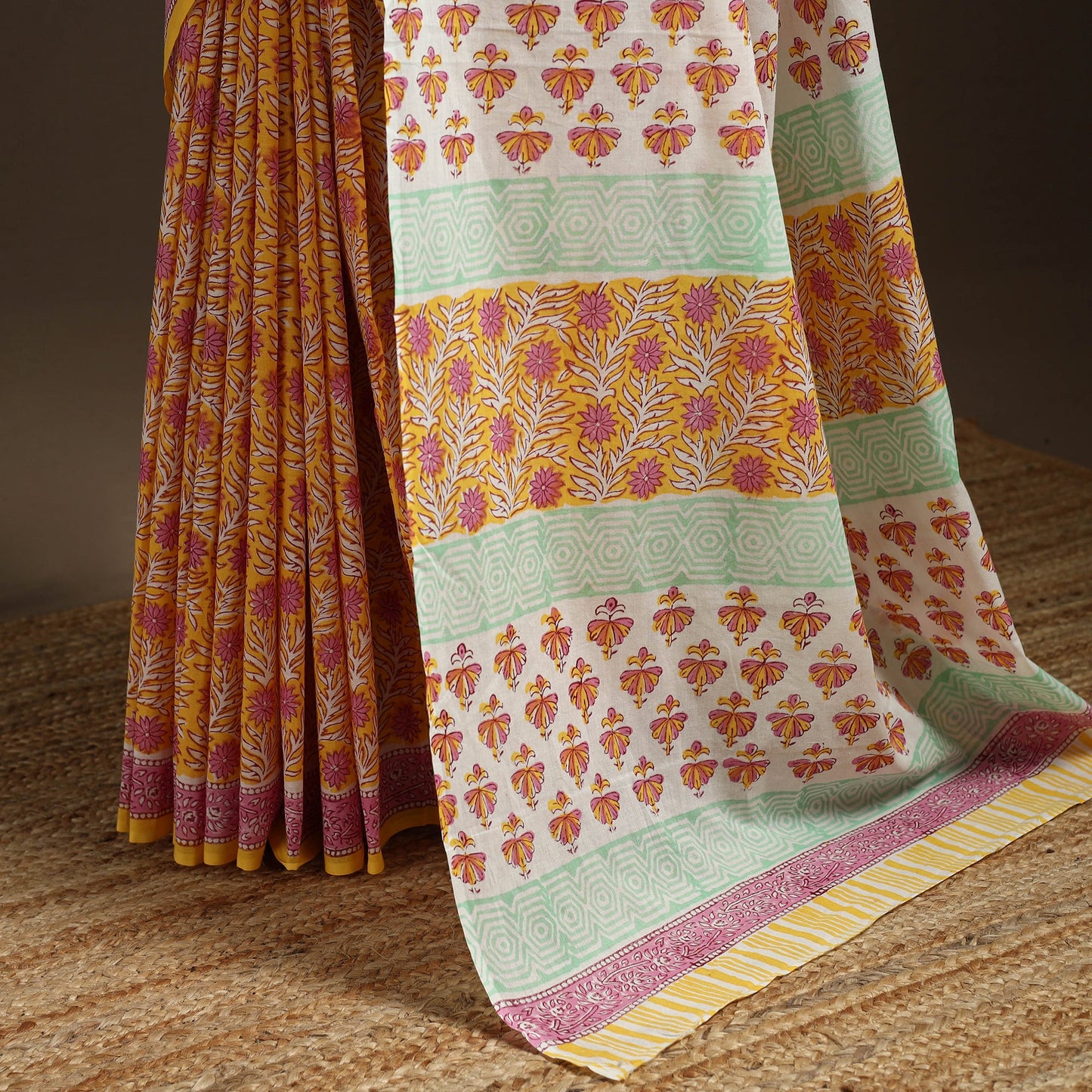 Yellow - mul cotton sanganeri saree 07 - handcrafted