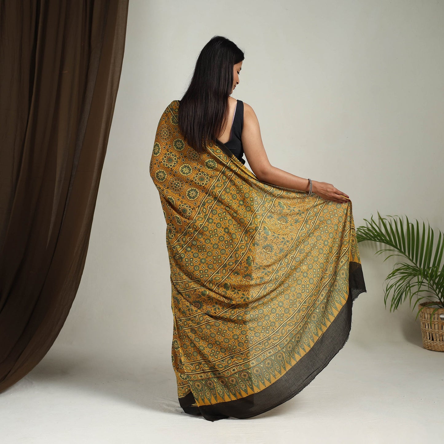 Buy Yellow Mul Cotton Block Print Ajrakh Saree