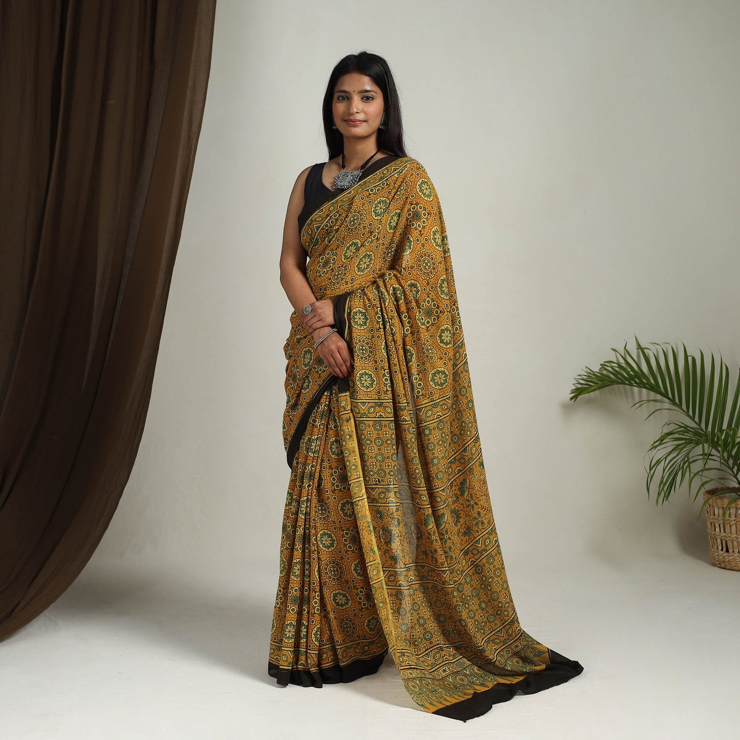Buy Yellow Mul Cotton Block Print Ajrakh Saree