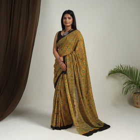 Buy Yellow Mul Cotton Block Print Ajrakh Saree