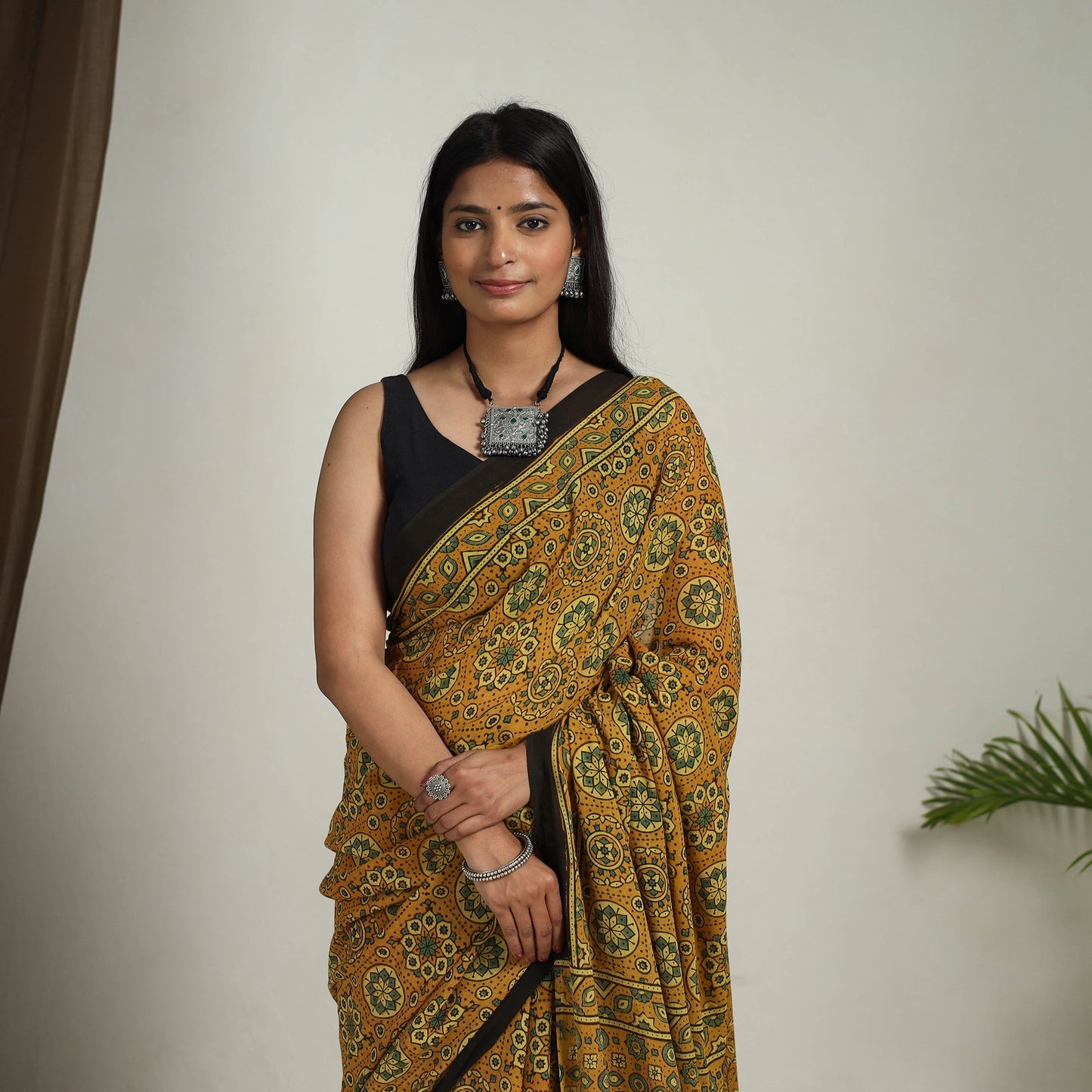 Buy Yellow Mul Cotton Block Print Ajrakh Saree