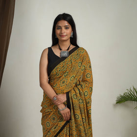Buy Yellow Mul Cotton Block Print Ajrakh Saree