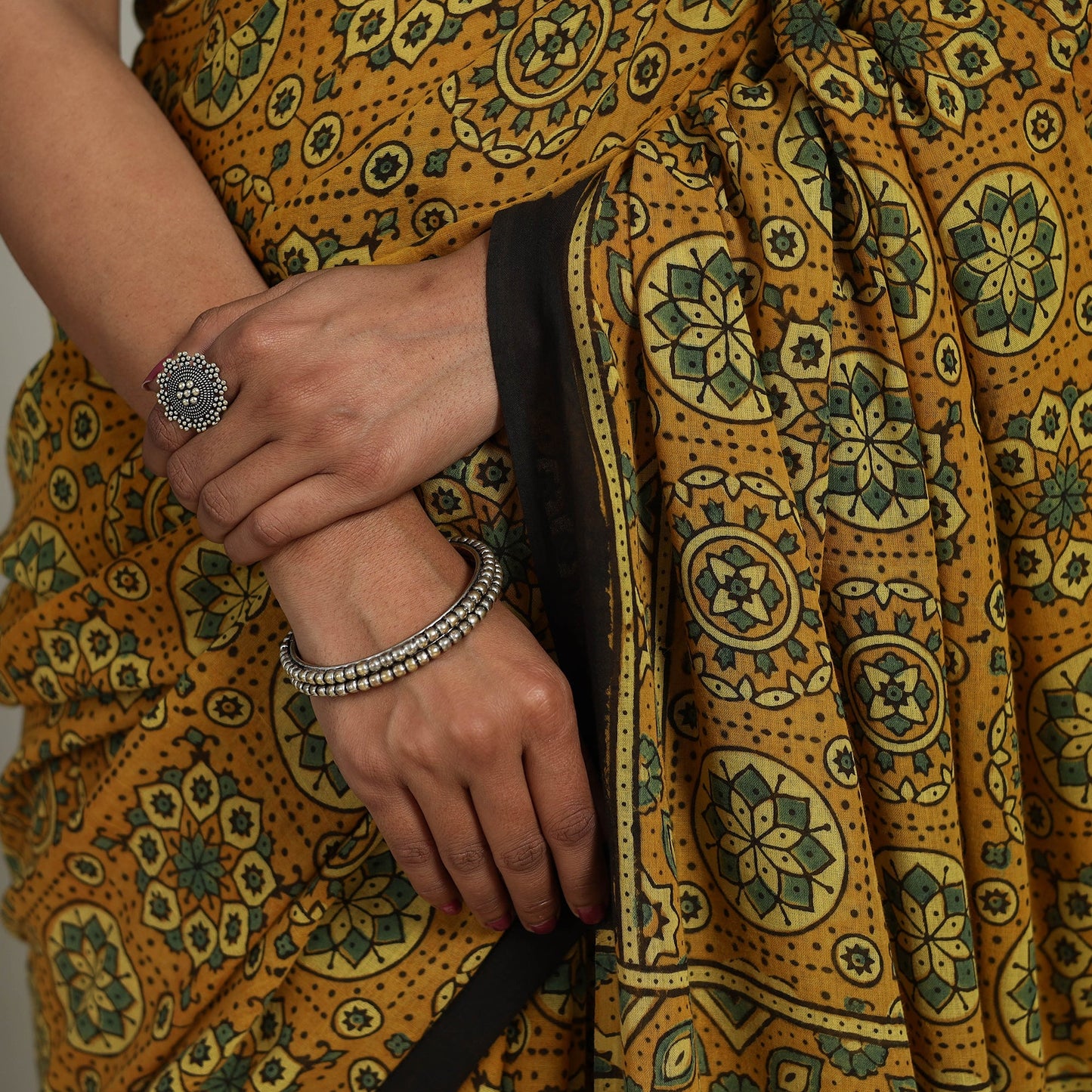 Buy Yellow Mul Cotton Block Print Ajrakh Saree