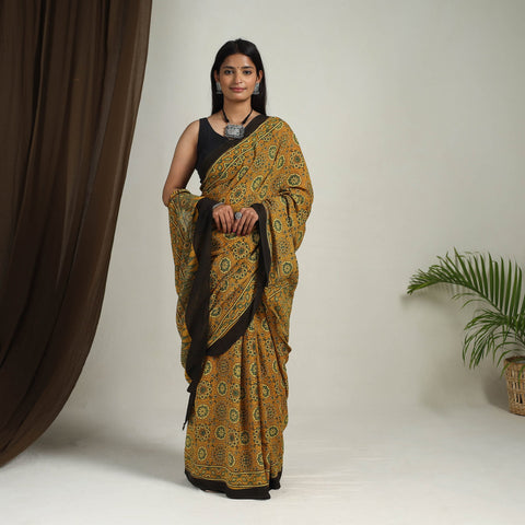 Buy Yellow Mul Cotton Block Print Ajrakh Saree
