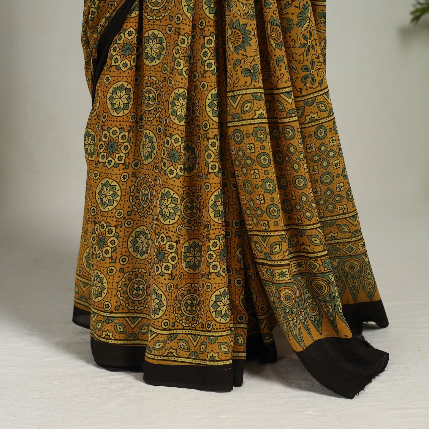 Buy Yellow Mul Cotton Block Print Ajrakh Saree