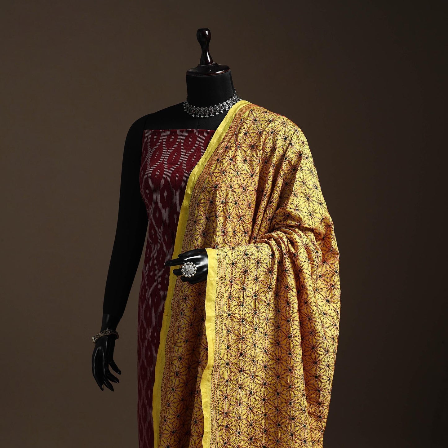 Yellow - mulberry silk bengal hand kantha work dupatta 39