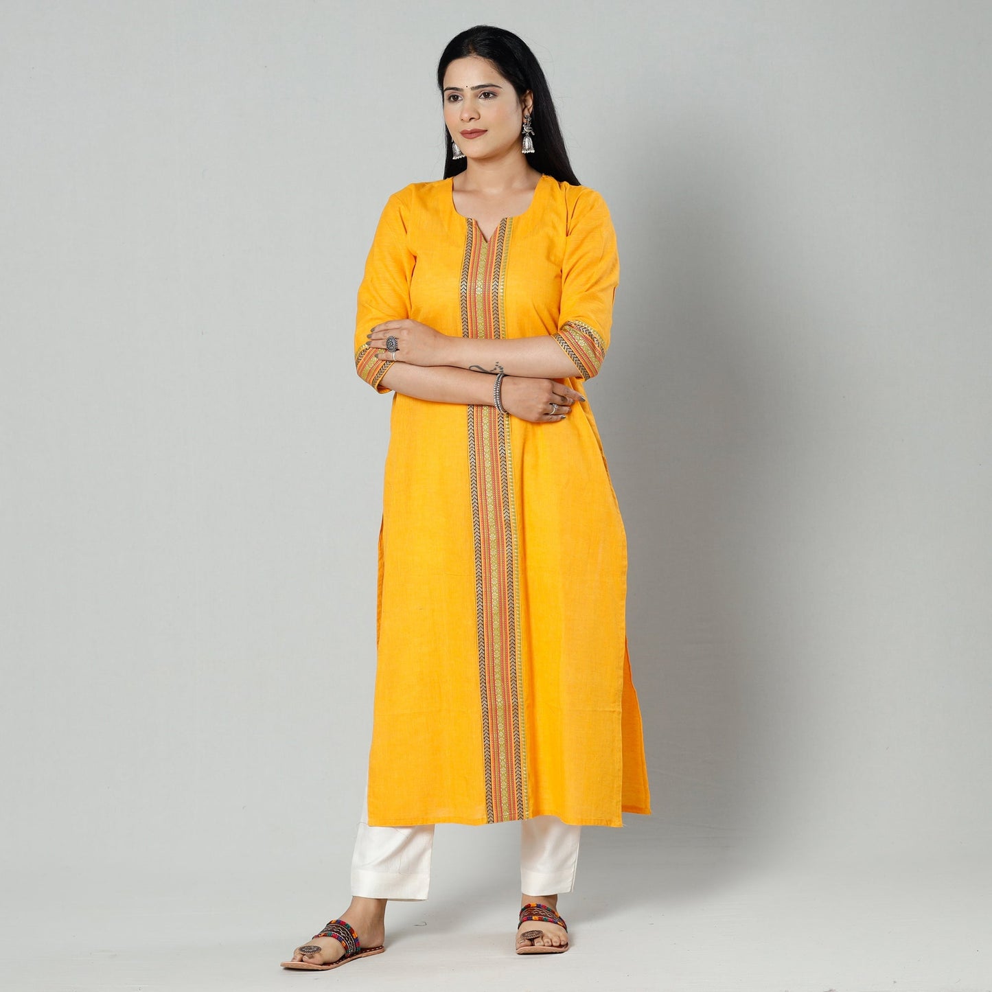 Yellow - mustard dharwad cotton long kurti - handcrafted